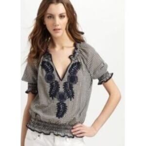 TORY BURCH white blue polka dot embroidered 100% cottonMari peasant top blouse